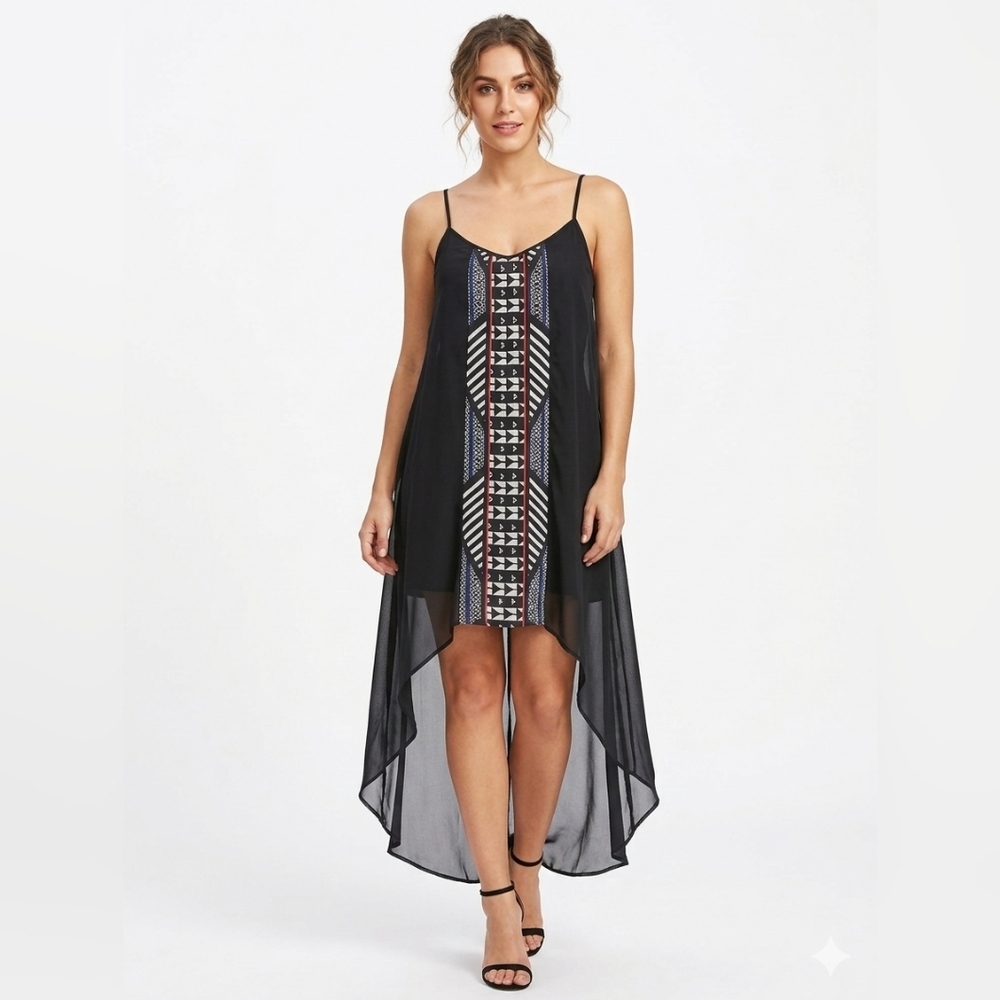 AUW Black Geometric Tribal High-Low Cami Dress Sz L
